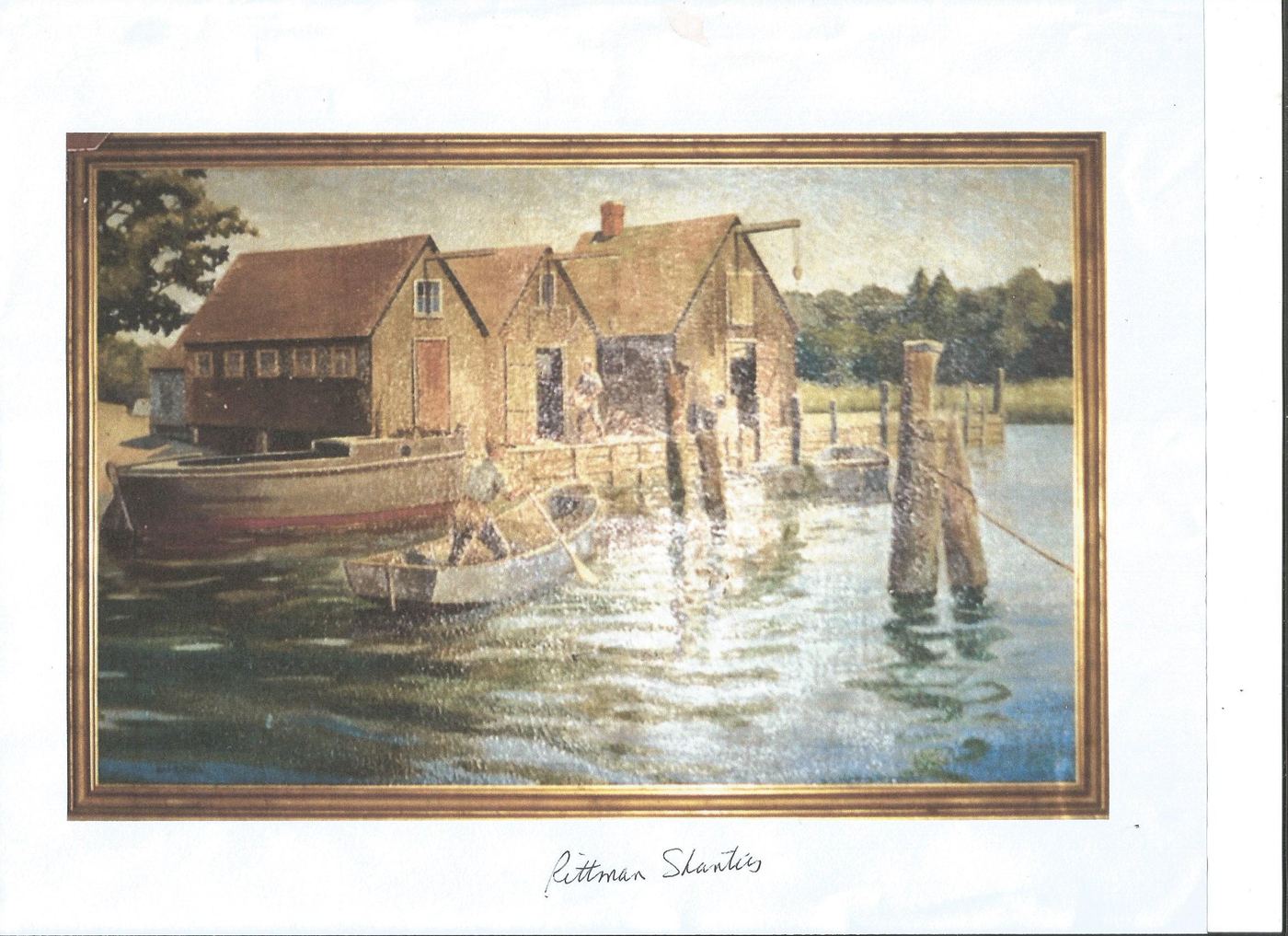 Painting of the oyster shanties at Apponaug Cove