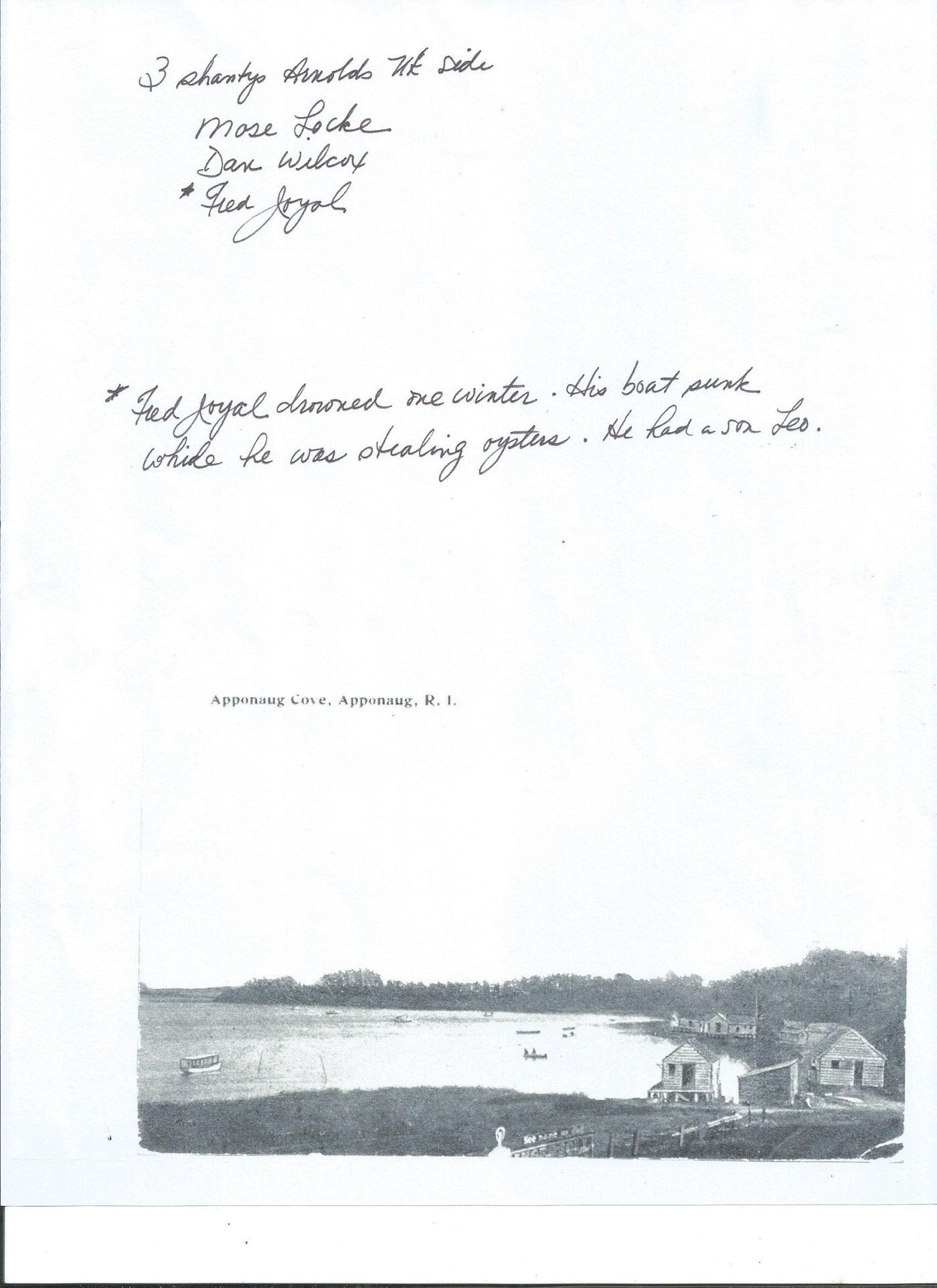 Postcard of Apponaug Cove with handwritten notes naming the Arnold's Neck shanties