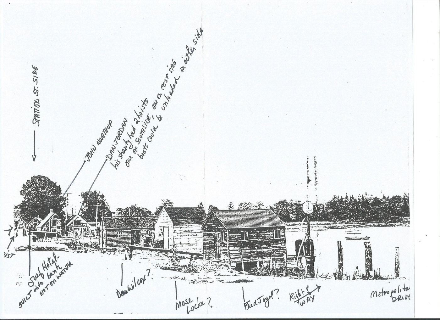 Annotated photograph showing the Station Street shanty row