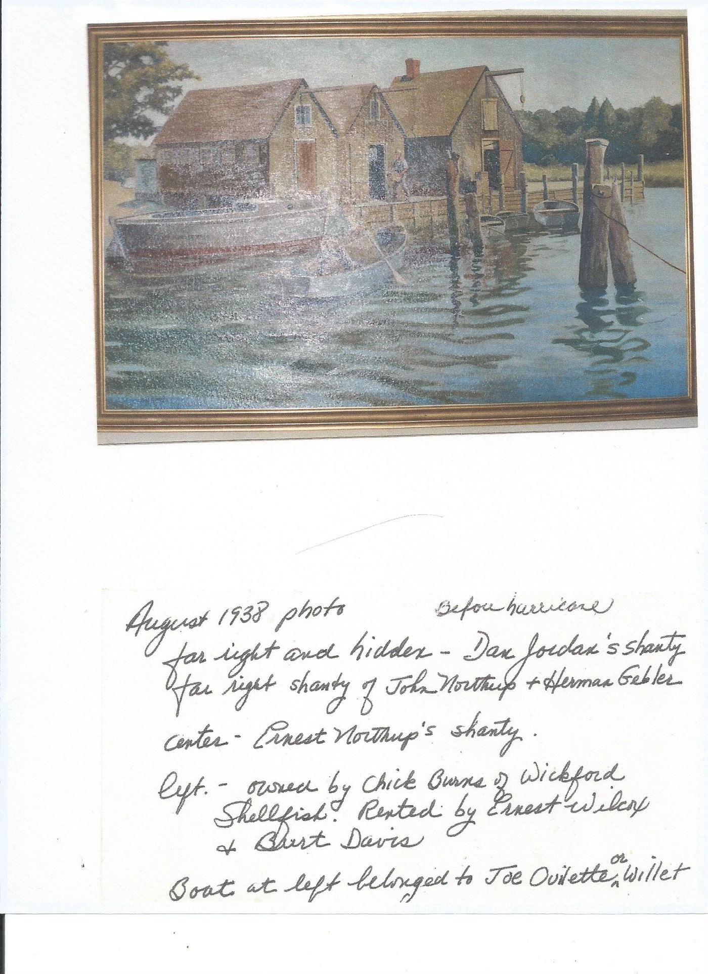 Painting of the shanty row from an August 1938 photograph, before the hurricane