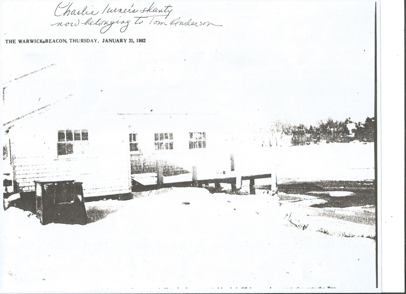 Warwick Beacon newspaper clipping, January 21 1982, showing snow-covered shanties