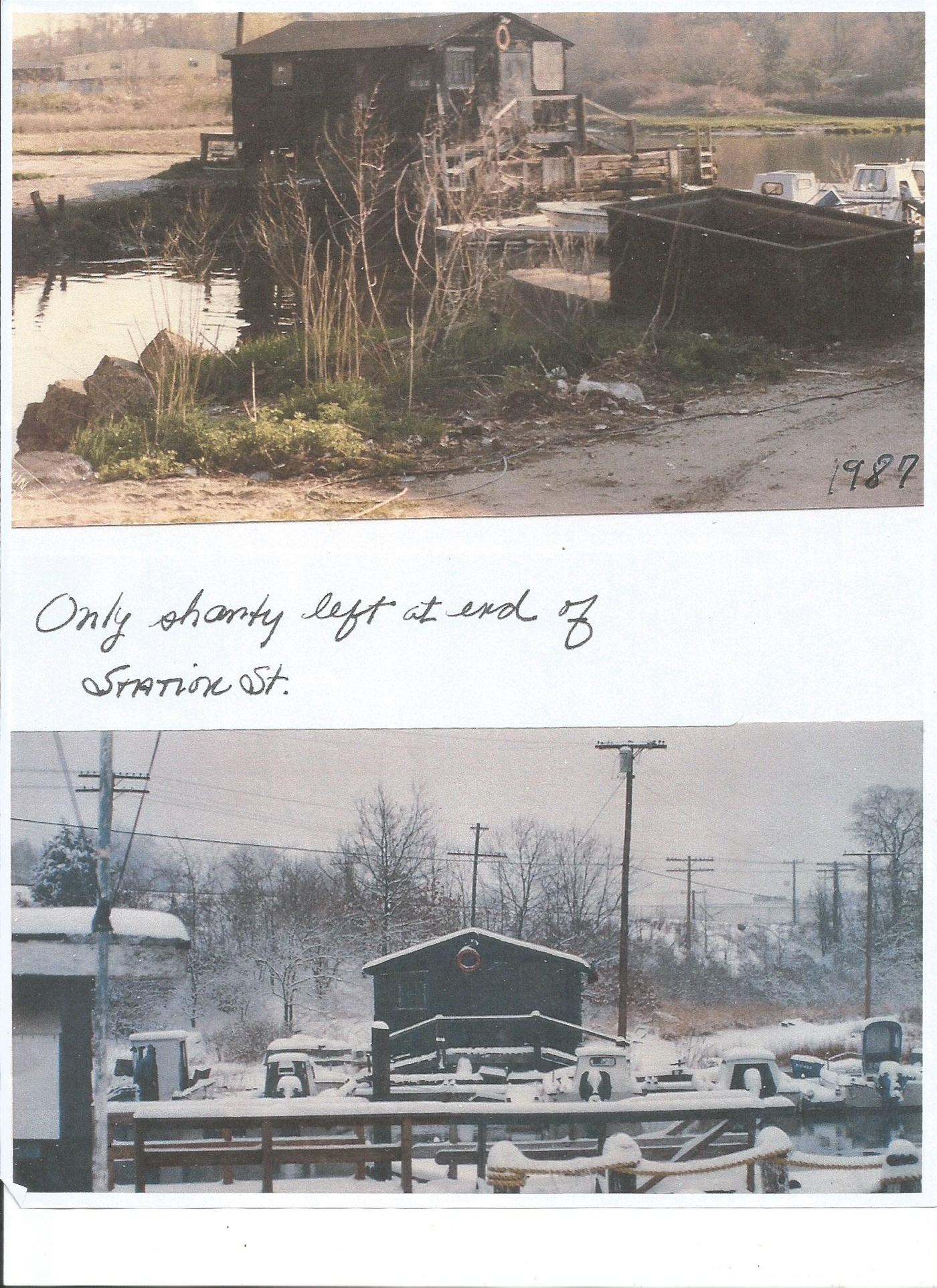 1987 photographs of the last remaining shanty at the end of Station Street, in autumn and under snow