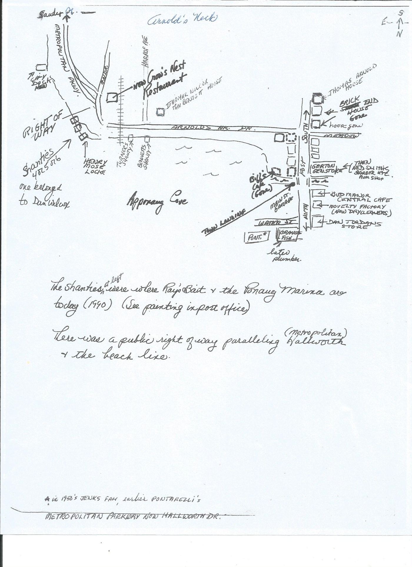 Hand-drawn 1990 map of Apponaug Cove marking shanty lots and rights-of-way