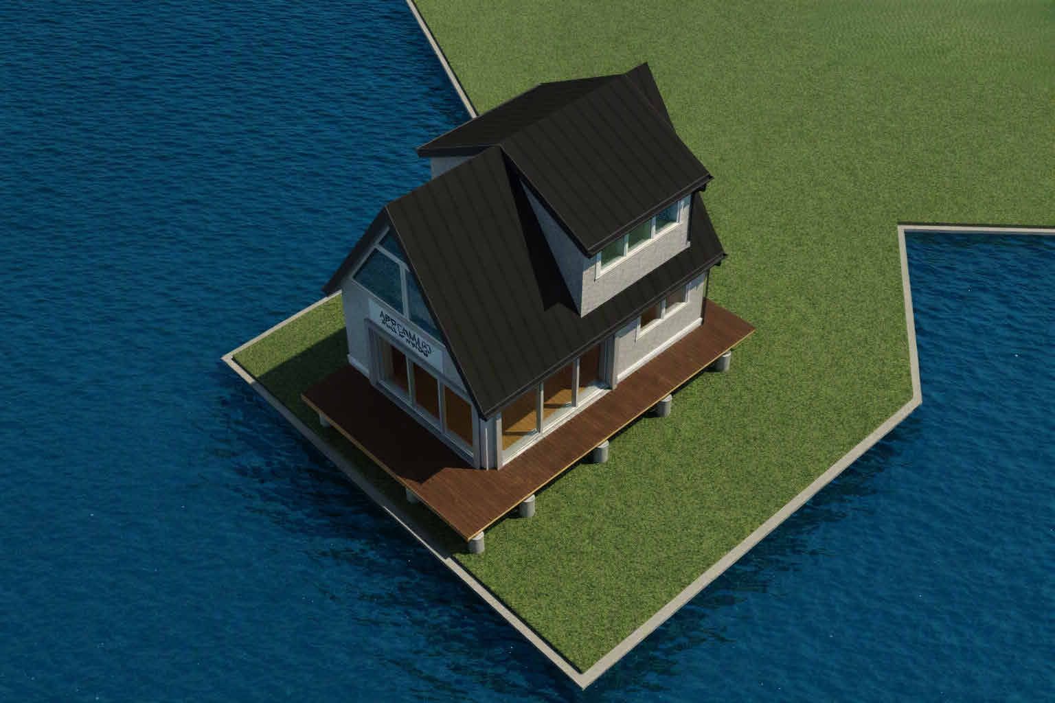 Aerial rendering of the planned shanty and deck on its lot at the edge of the cove