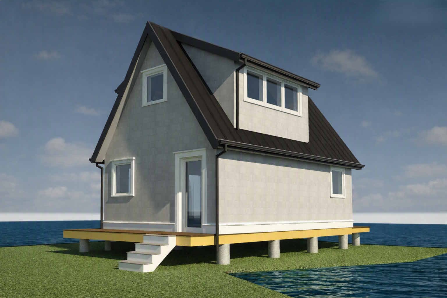 Rendering of the planned shanty from the back right, entry door and stairs from the land side