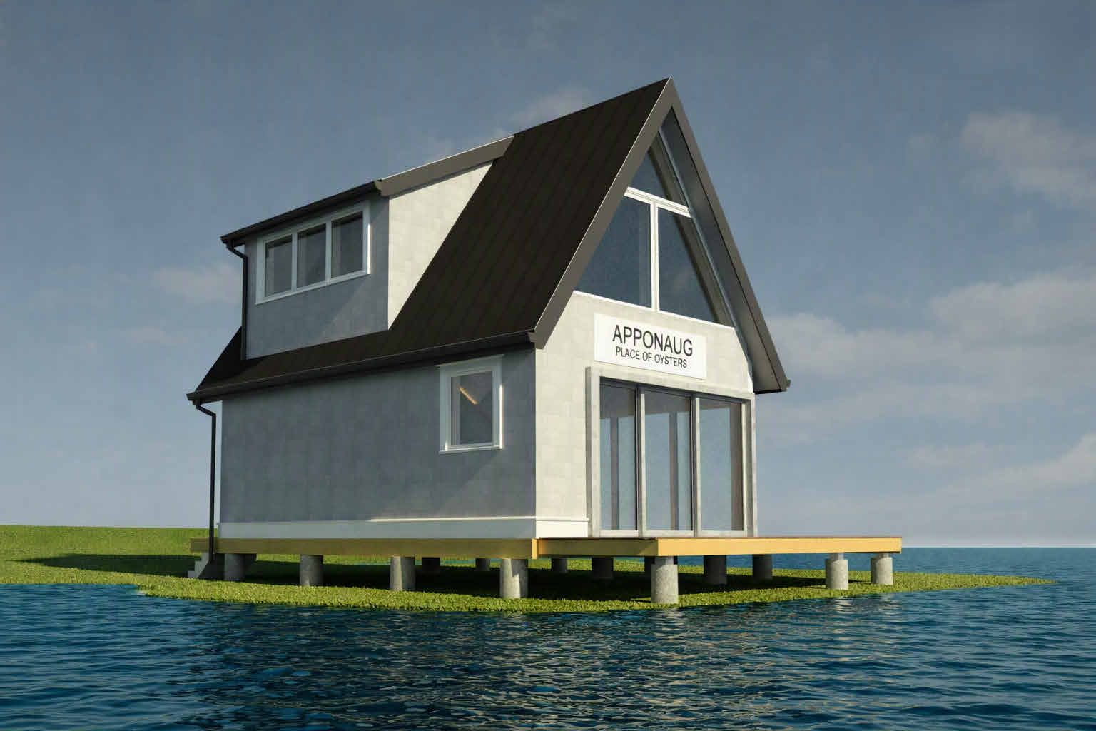 Rendering of the planned shanty from the front left, deck extending over the water