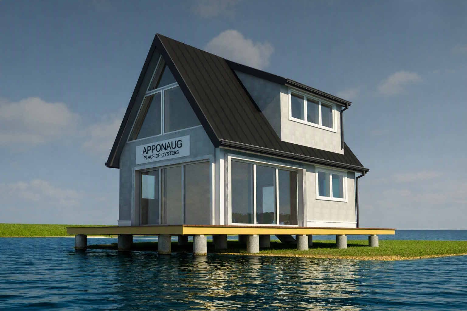 Rendering of the planned shanty on piers at the water's edge, glass doors on the gable and cove sides, sign reading Apponaug, Place of Oysters